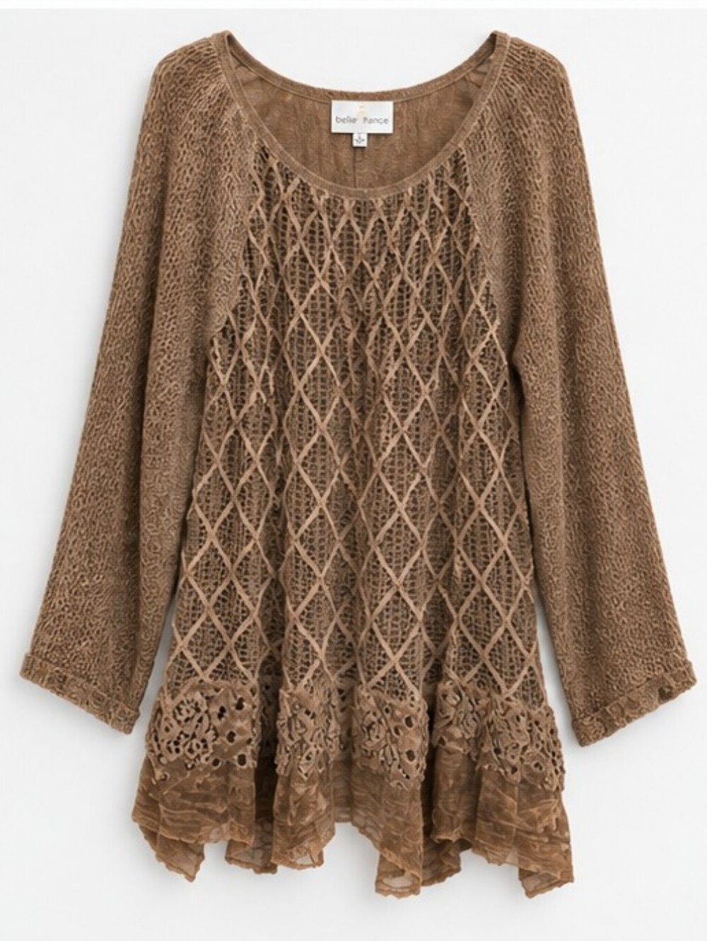 Belle France Large Made in Italy Boho Lace Velvet Longline Tunic Sweater